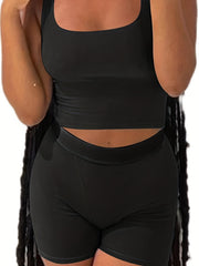 2pcs Sleeveless Crop Top & High Waist Shorts Set for Yoga Workout