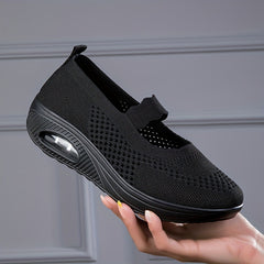 Solid Knit Walking Shoes Ankle Strap Slip On Air Cushion Casual Sneakers