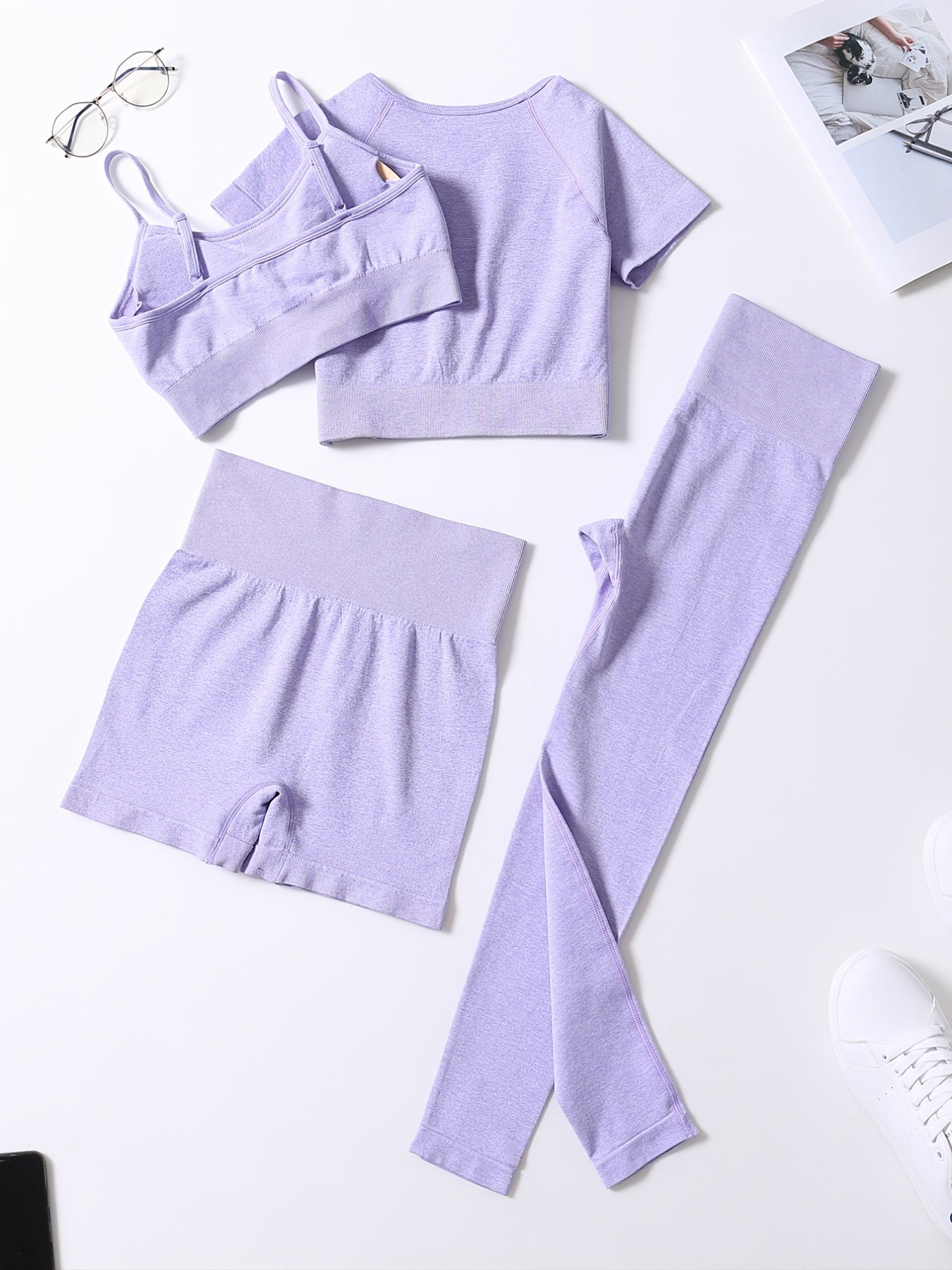 4Pcs Yoga Set High Stretch Crew Neck Crop Bra Tee Short Pants Sports Suit