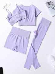 4Pcs Yoga Set High Stretch Crew Neck Crop Bra Tee Short Pants Sports Suit