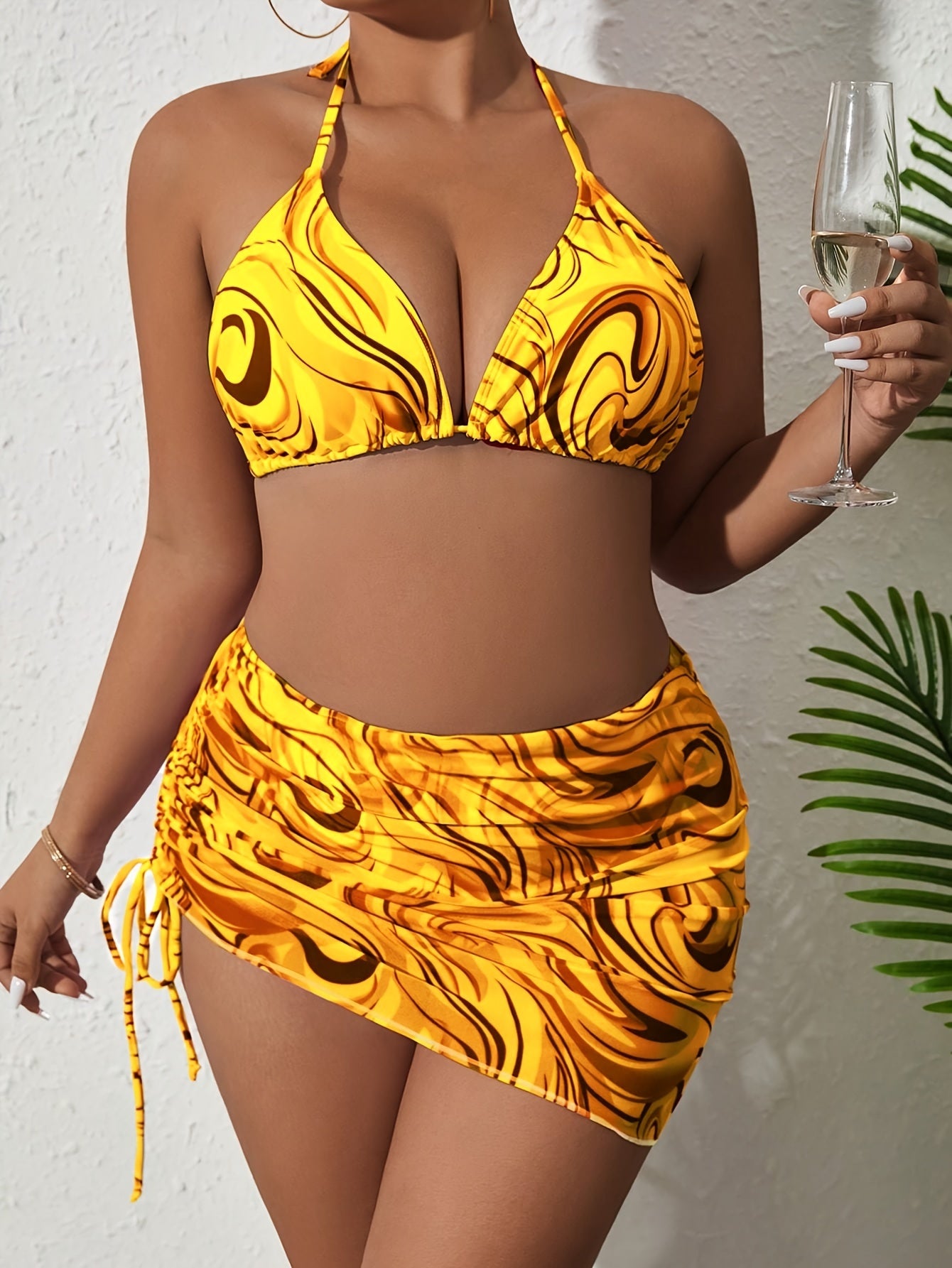 Sexy Bikini Set Women's Plus Fluid Print Swimsuit 3 Piece Set