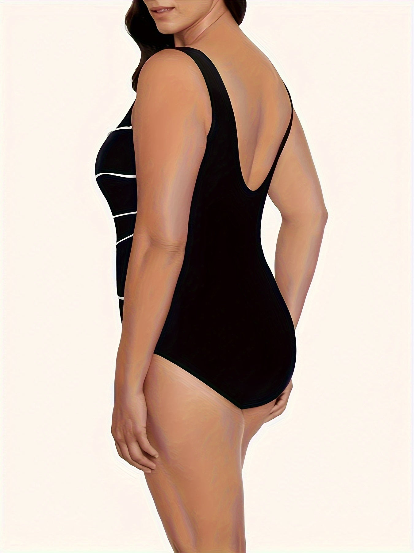 Line Print Scoop Neck Tummy Control One Piece Swimsuit