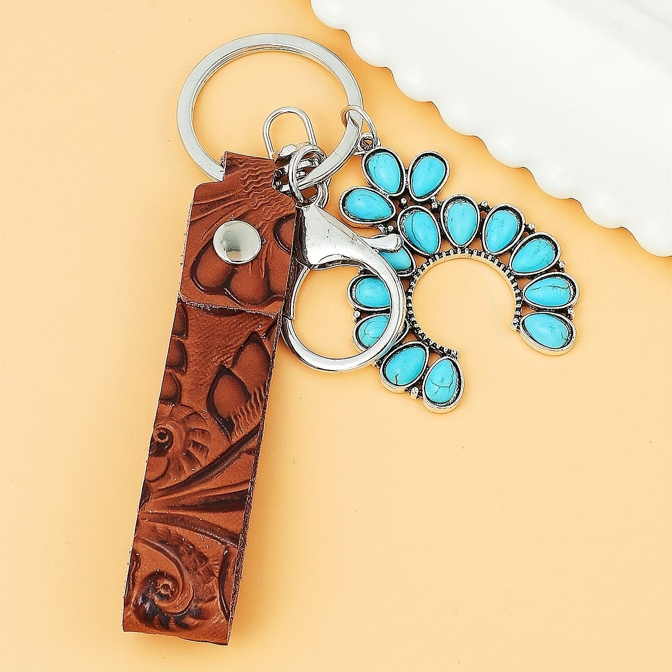 Vintage Western PU Leather Turquoise Pumpkin Flower Cross Keychain