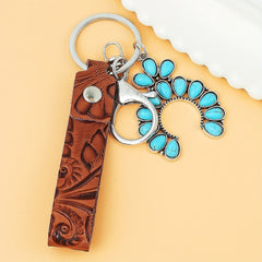 Vintage Western PU Leather Turquoise Pumpkin Flower Cross Keychain