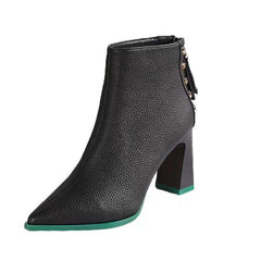 Chunky Heel Ankle Boots Zip Pointed Toe High Short Boots