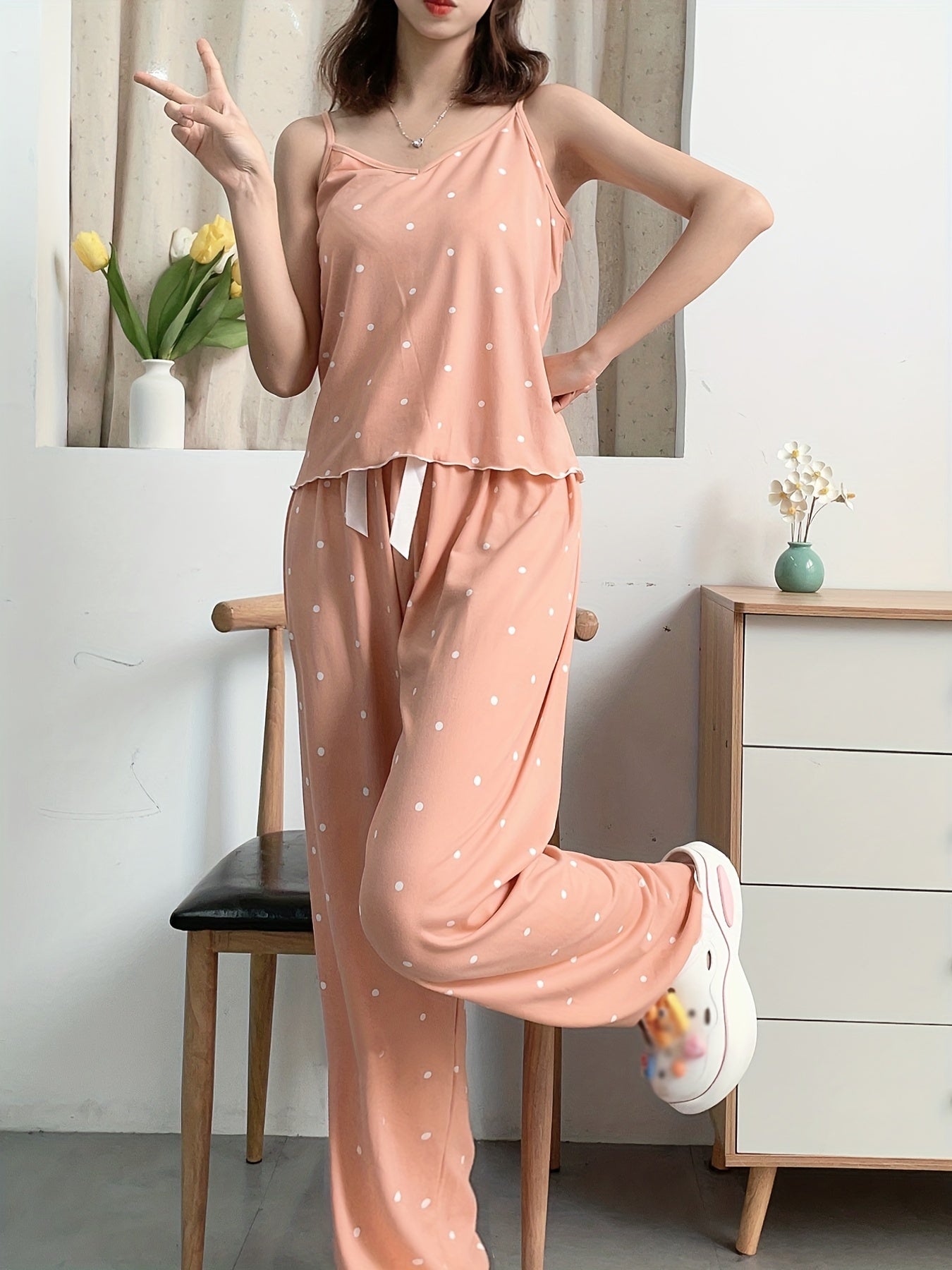 Polka Dot Pajama Set V Neck Cami Top & Elastic Waistband Pants Women's