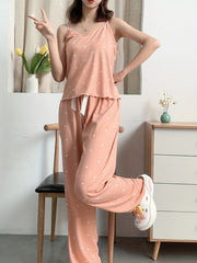 Polka Dot Pajama Set V Neck Cami Top & Elastic Waistband Pants Women's