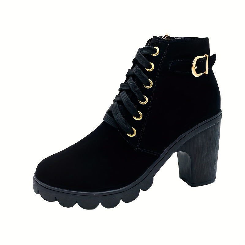 Women's Chunky Heeled Short Boots Lace Up Solid Ankle Boots
