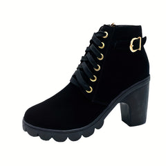 Women's Chunky Heeled Short Boots Lace Up Solid Ankle Boots