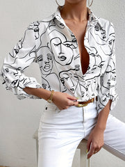 Abstract Figure Print Button Up Long Sleeve Blouse