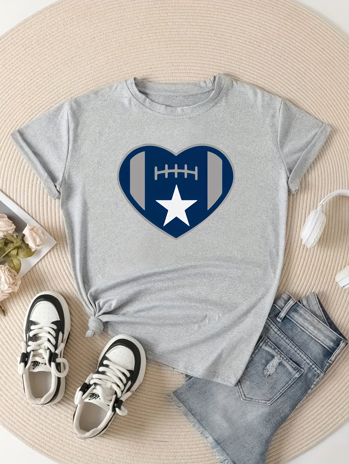 Football Heart Graphic Short Sleeve Sports T shirt Round Neck Women's Activewear