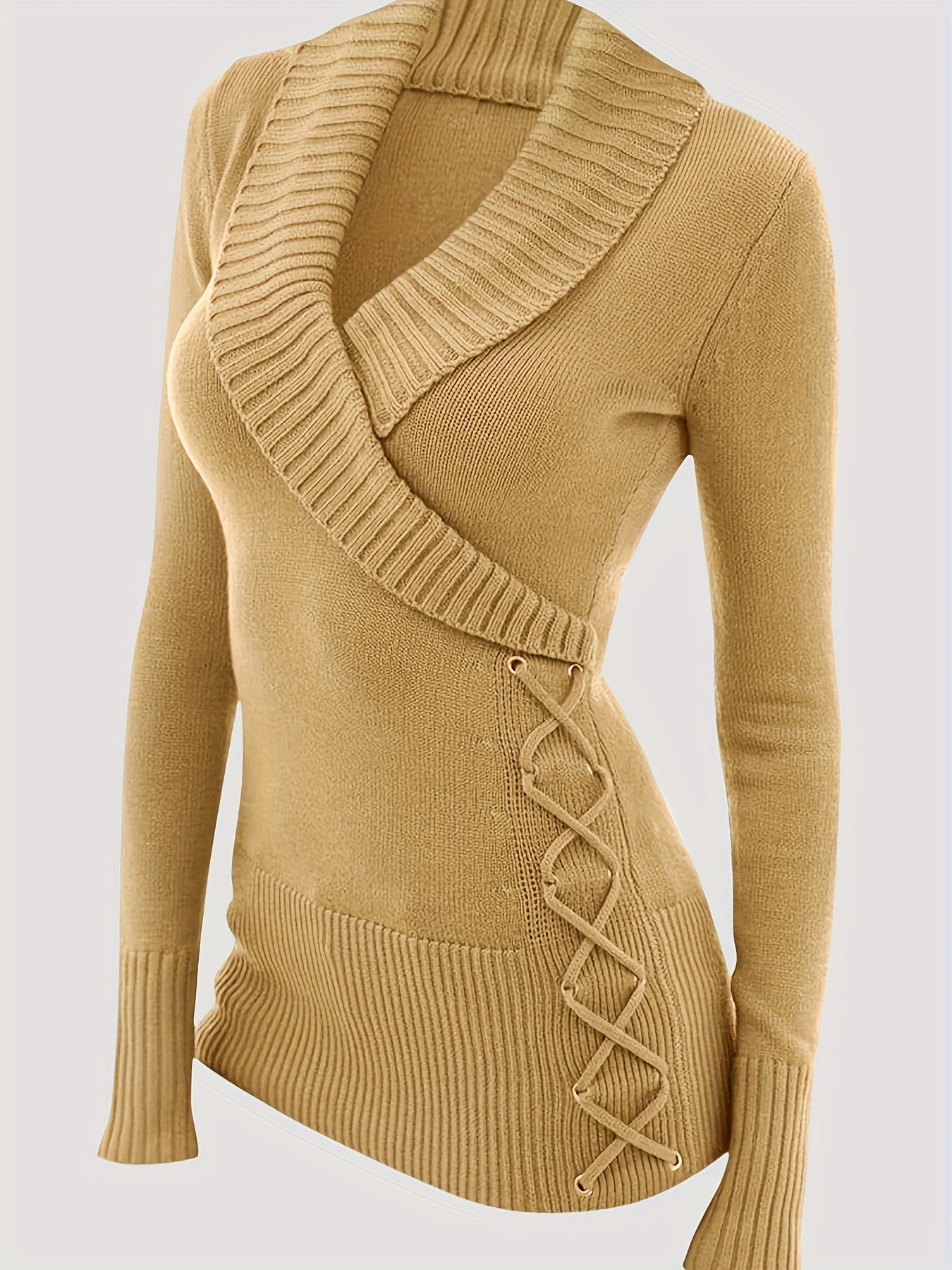 Solid Long Sleeve Shawl Collar Faux Wrap Lace Up Pullover Jumper