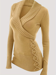 Solid Long Sleeve Shawl Collar Faux Wrap Lace Up Pullover Jumper