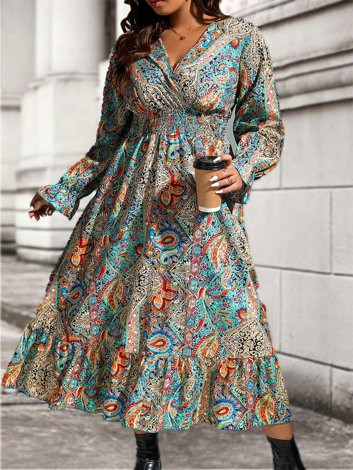 Paisley Print Maxi Dress with Ruffle Trim