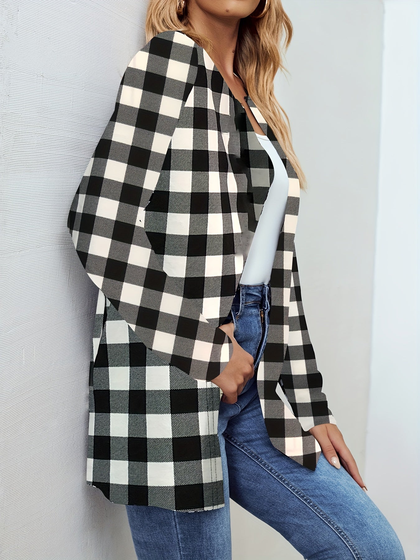 Gingham Print Open Front Jacket Long Sleeve