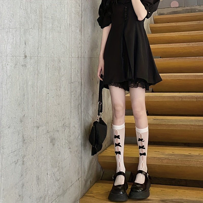 3 Pairs Bow Cut Out Calf Socks Sweet & Knee High Stockings