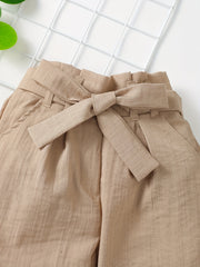 Kid Girls Khaki Cotton Linen Wide Leg Cropped Pants