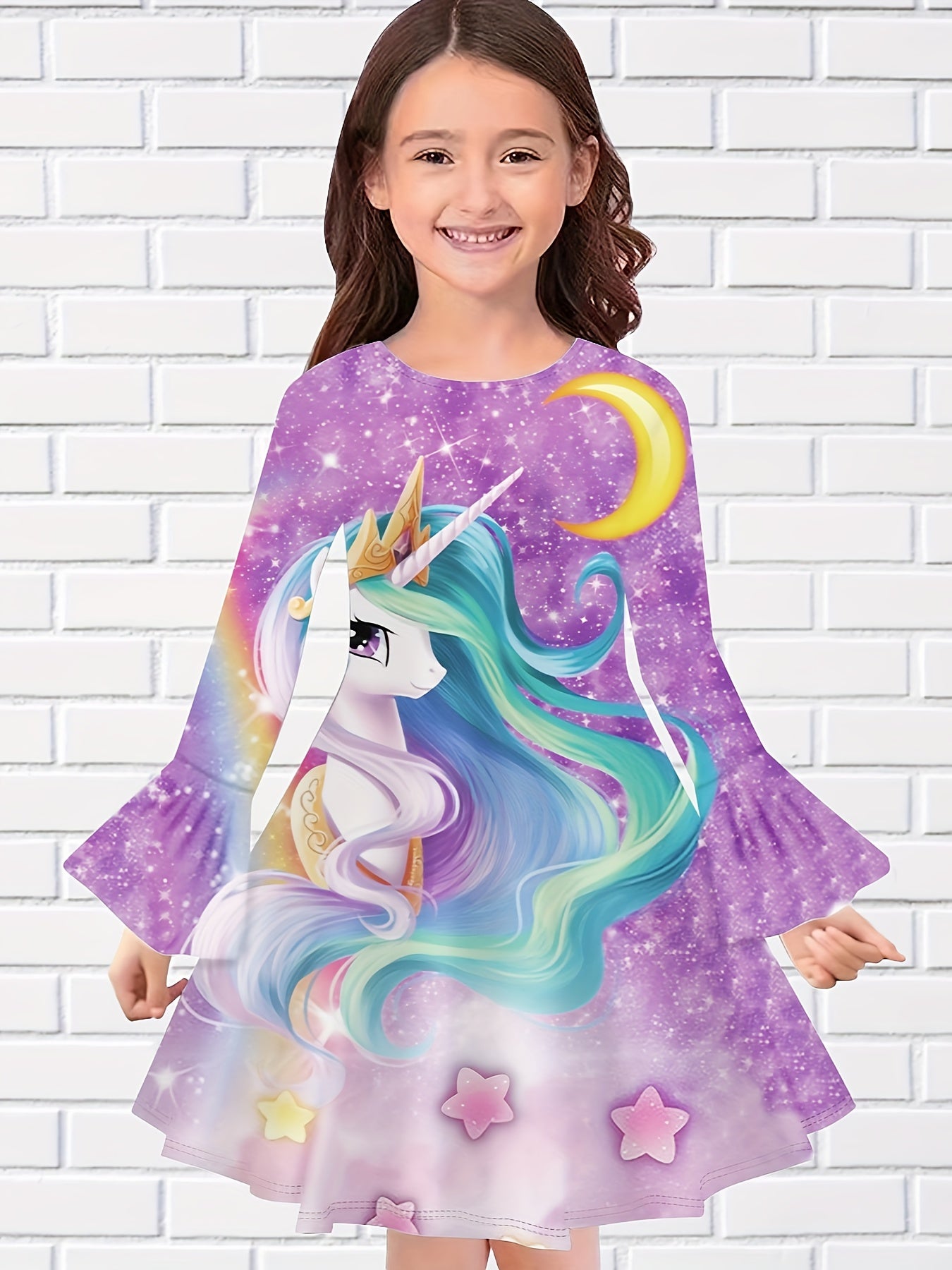 Cartoon Kitty & Rainbow Long Sleeve Dress for Girls