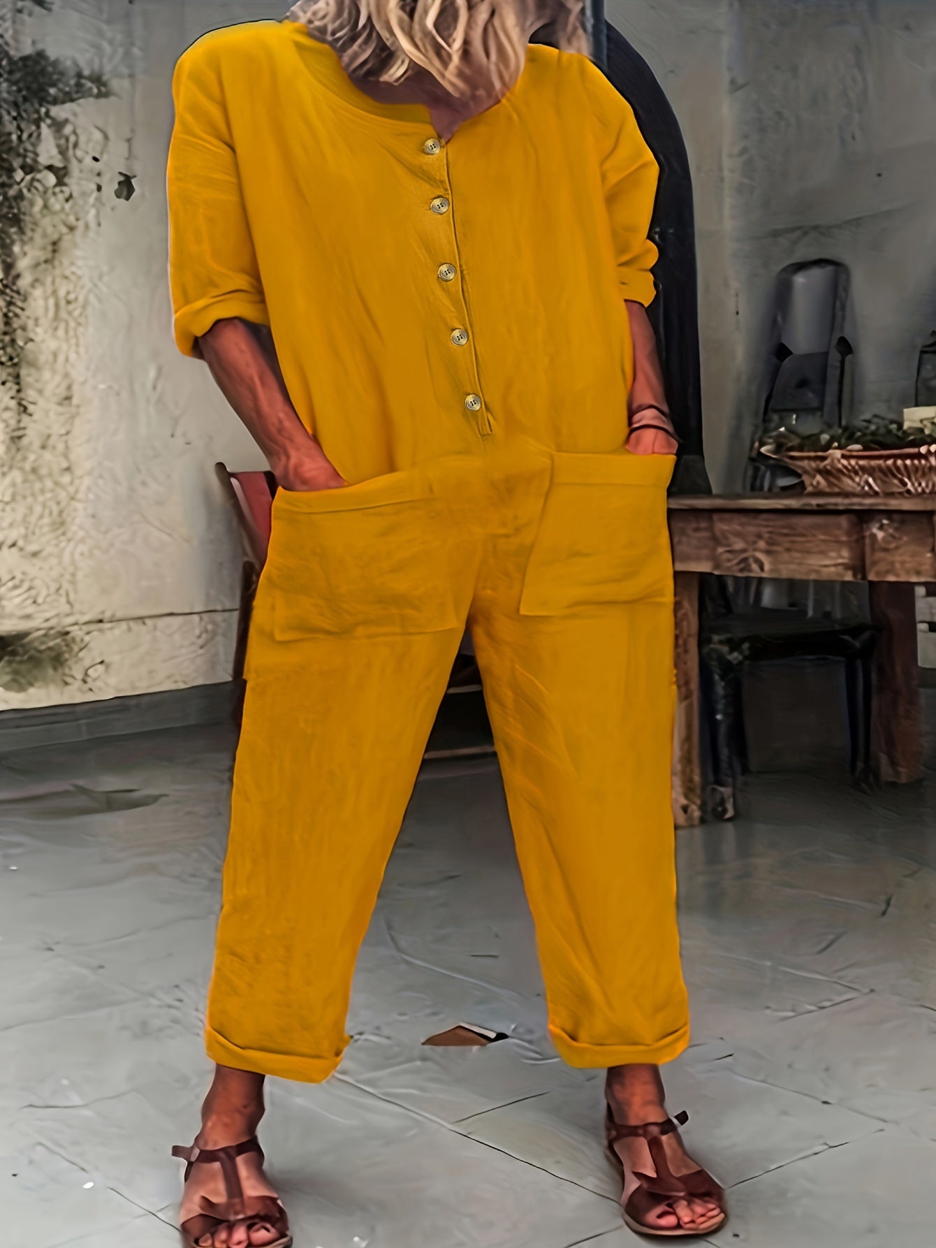 Half Sleeve Round Neck Button Up Jumpsuit