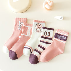 5 Pairs Kids Socks Sweet Cartoon Girls Pink Sports Socks