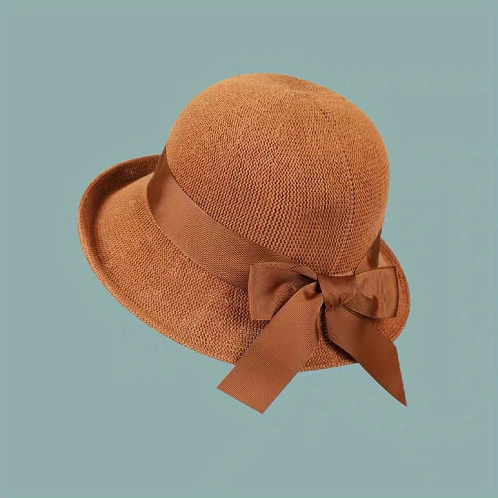 Short Brim Bucket Hat Ribbon Bowknot Sun Hat Solid Adjustable Travel Beach