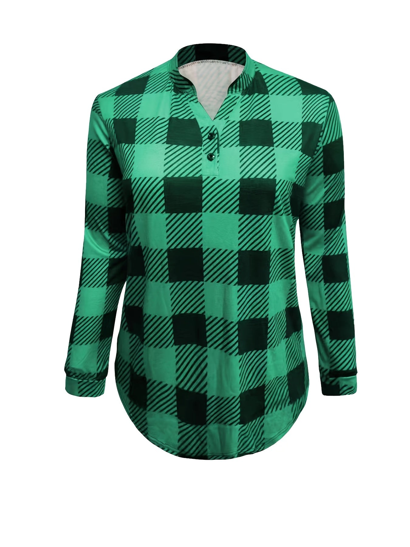 Gingham Print Button Long Sleeve Blouse
