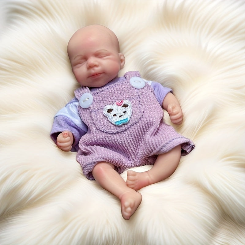6 Inch Silicone Girl Doll in Purple Overalls with Unicorn Patch