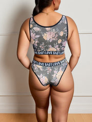 Floral Print Letter Tape Bra & Panty Set
