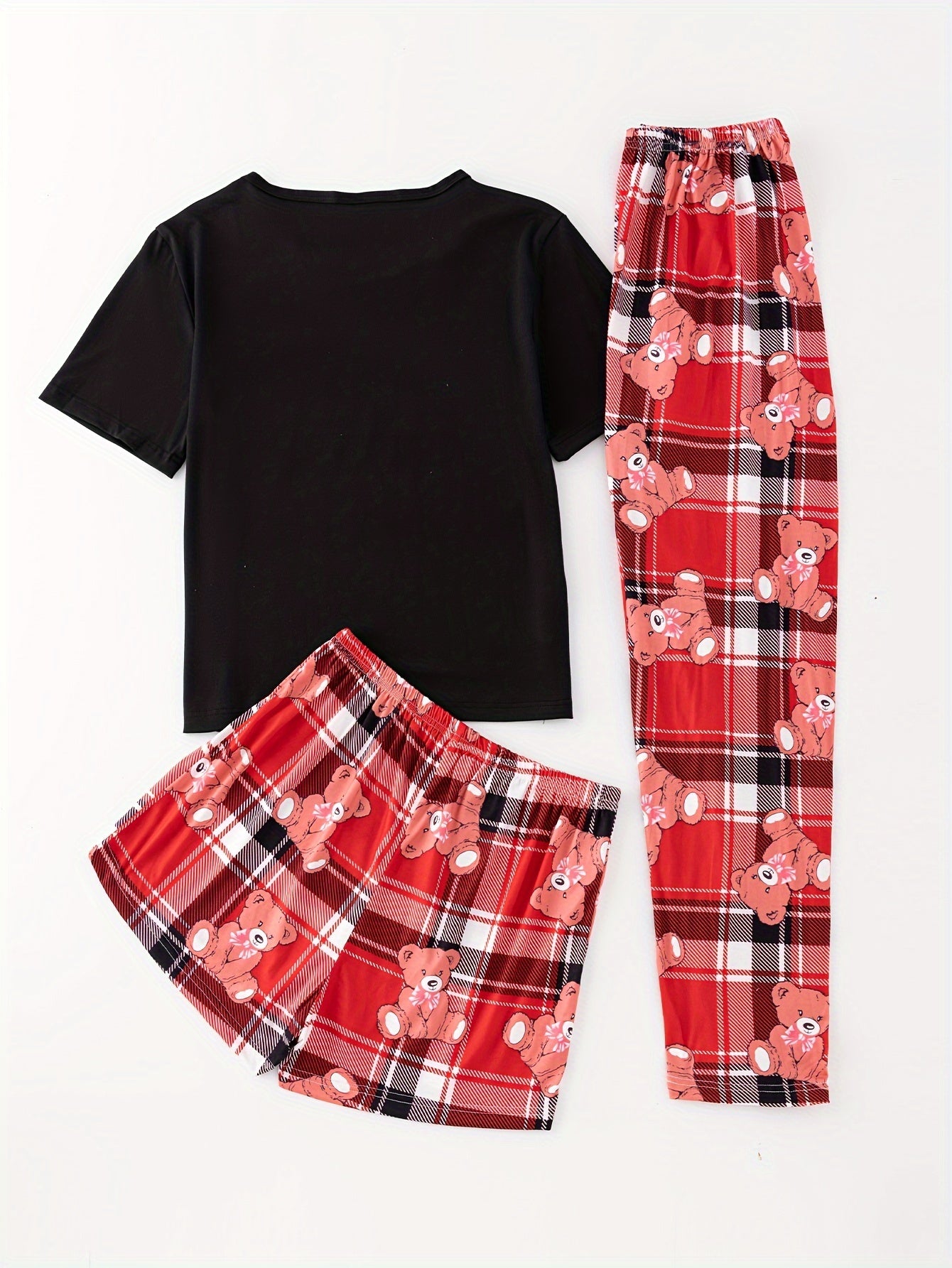 Bear Print Pajamas Set Short Sleeve Crew Neck Top & Shorts & Plaid Pants