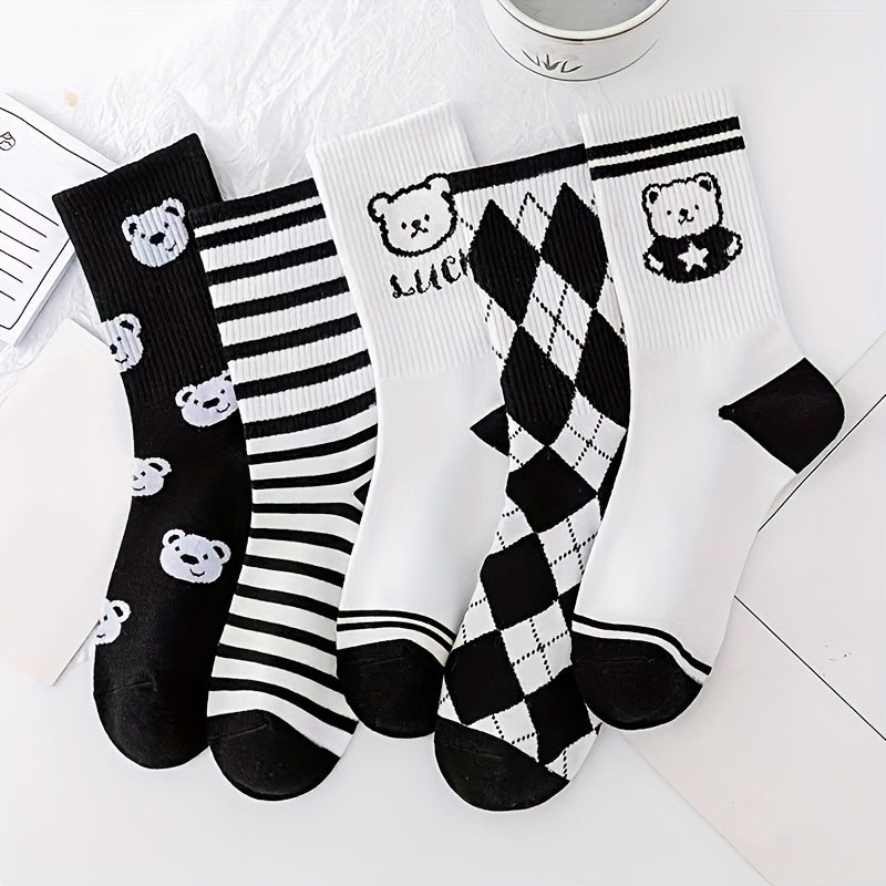 Bear Print Socks Striped Mid Tube Stockings
