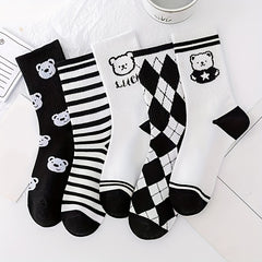 Bear Print Socks Striped Mid Tube Stockings