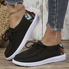 Women's Geometric Printed Flat Loafers Lace Up Round Toe Walking Sneakers