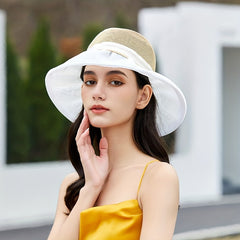Bowknot Ponytail Sun Hat Wide Brim Breathable Bucket Hat Adjustable