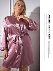 Satin Long Sleeve Nightgown Women's Plus Deep V Neck
