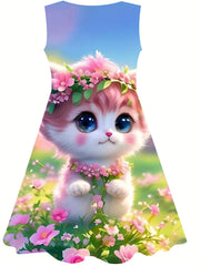 Girls Flower Cat Sleeveless Dress for Summer