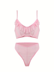 Sexy Ruffle Trim Mesh Bra & Panty Set