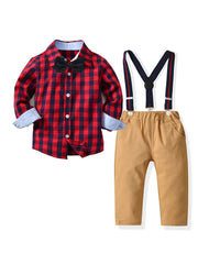 Baby Boys Gentleman Outfit Long Sleeve Bowtie Plaid Shirt & Suspender Pants Set