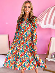 Women's Plus Geometric Print Long Sleeve V Neck Maxi Dress