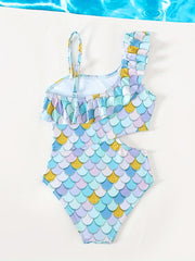 Girl's Waist Cutout Onesie Swimsuit Ruffle Decor Tankini