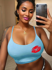 Lips Print Cami Sleep Top Sexy Round Neck Sleeveless Women's Pajamas
