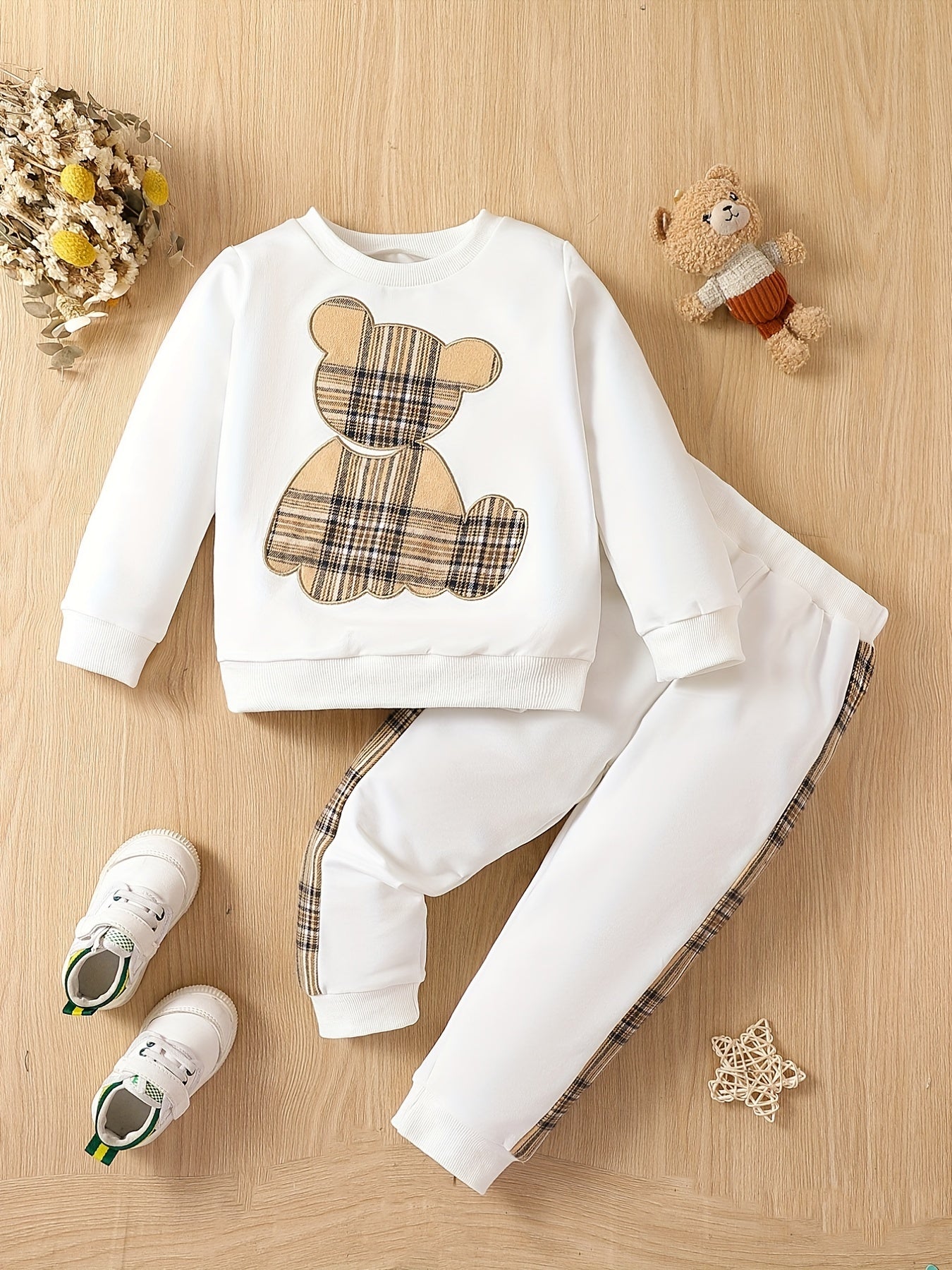 Boys 2pcs Sweatshirt & Elastic Waist Pants Plaid Bear Patched