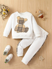 Boys 2pcs Sweatshirt & Elastic Waist Pants Plaid Bear Patched