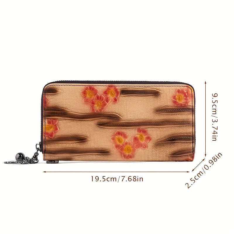 Vintage Embossed Leather Women's Wallet Zipper Closure Floral Tassel Charm