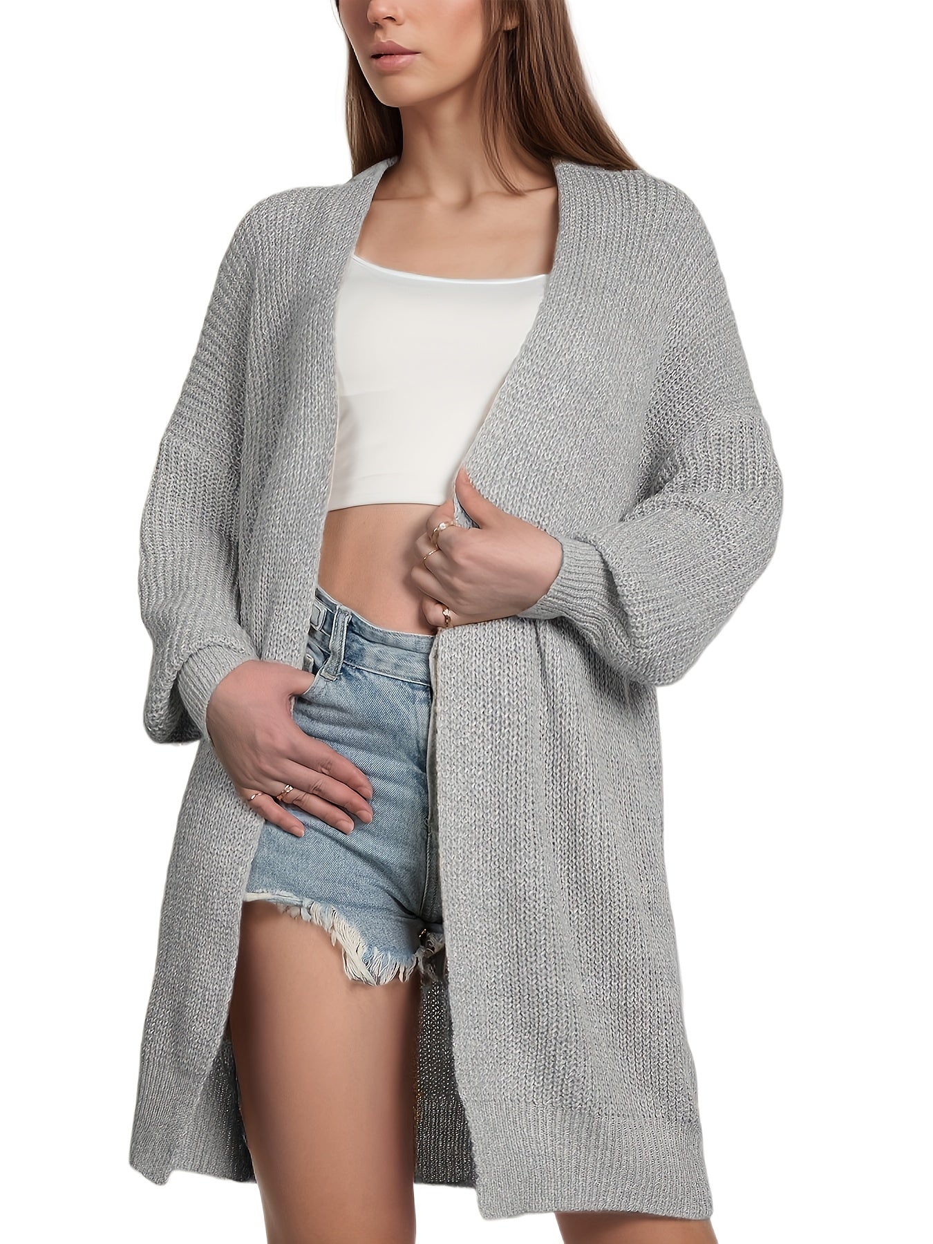 Drop Shoulder Knit Cardigan Open Front Long Sleeve Sweater