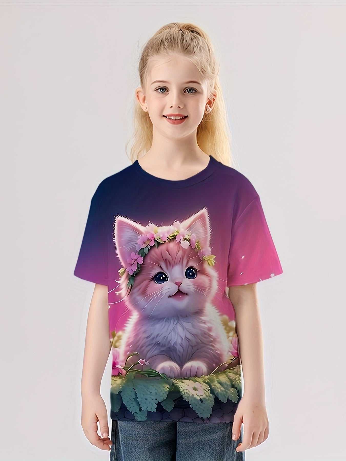 3D Flower Cat Graphic T-shirt Girls Casual Short Sleeve Tees Summer Clothes