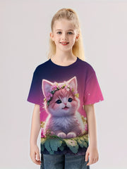 3D Flower Cat Graphic T-shirt Girls Casual Short Sleeve Tees Summer Clothes