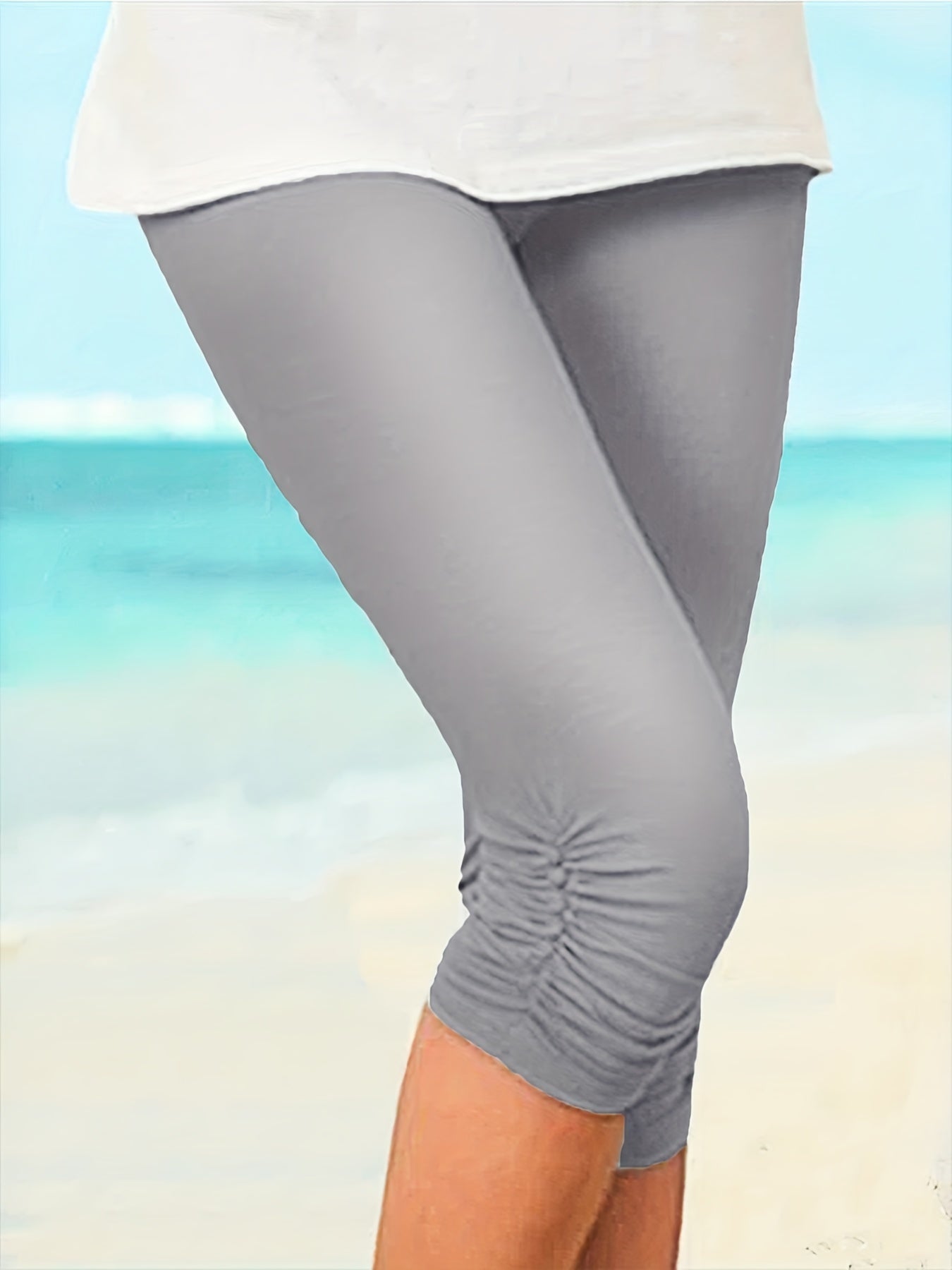 Ruched Skinny Capris Leggings Elastic Waist Crop Leggings