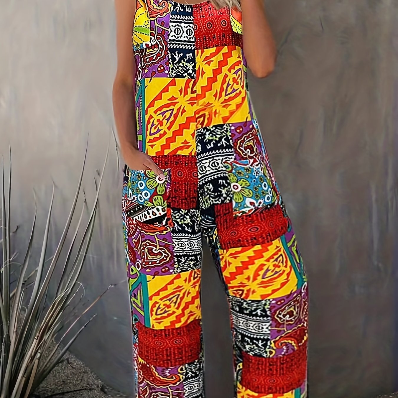 Boho Patchwork Print Overall Jumpsuit for Spring & Summer