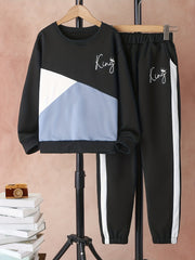 Boy's KING Print Outfit 2pcs Sweatshirt & Sweatpants Set Crown Pattern