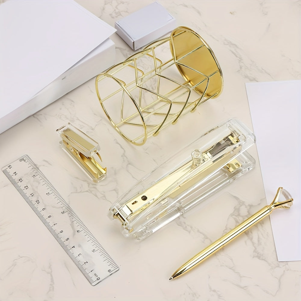 Golden Office Supplies Set - Stapler Pen Holder Pen Ruler